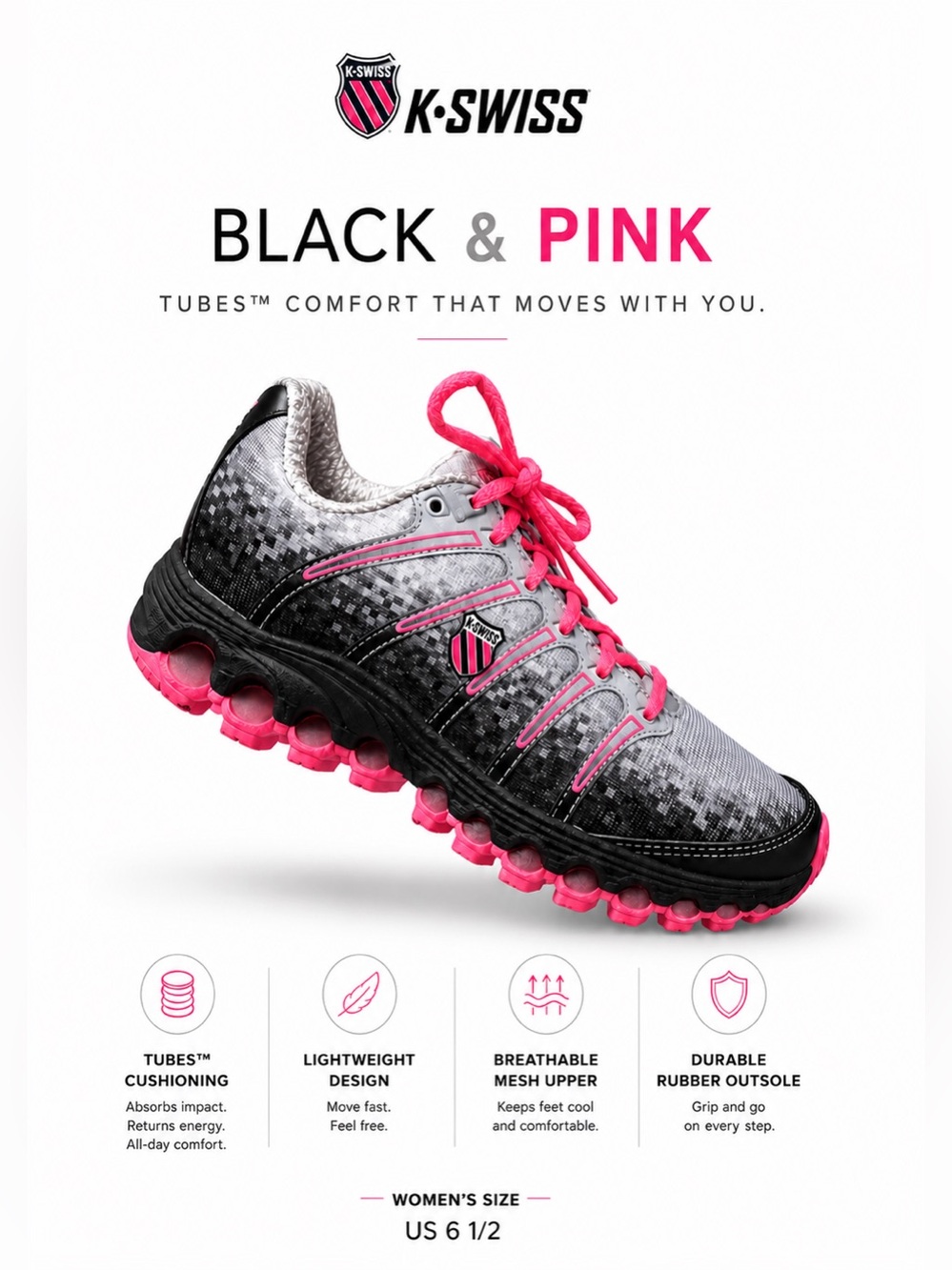K-Swiss Black and Pink Women's Sneakers Running Tubes soles size 6.5